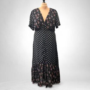 Black Floral & Polka Dot Maxi Dress - V-Neck, Short Sleeve